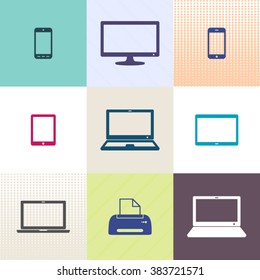 Vector digital device icons collection in colorful squares