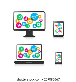 Vector digital devices with colorful multimedia icons