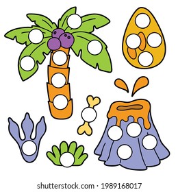 Vector digital educational game with cartoon prehistoric iconsr for toddlers:  patches or dot marker pages