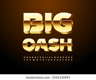 Vector digital emblem Big Cash. Modern Stylish Font. Golden 3D Alphabet Letters and Numbers set.