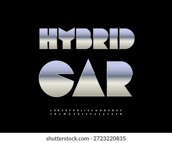 Vector Emblema digital Coche híbrido. Fuente de plata grande. Conjunto de letras y números metálicos de moda.