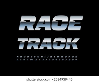 Vektor digitales Emblem Race Track, exklusive silberne Schriftart. Reflektierende Buchstaben und Zahlen aus Metall.