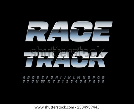 Vector digital emblem Race Track,  Exclusive Silver Font. Reflective Metallic Alphabet Letters and Numbers.