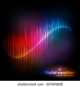 Vector digital equalizer with colored lights and reflections on a black background. Vector illustration can be used for interfaces in web design, Wallpapers, postcards and musical banners.