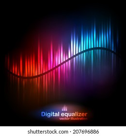 Vector digital equalizer with colored lights and reflections on a black background. Vector illustration can be used for interfaces in web design, Wallpapers, postcards and musical banners.