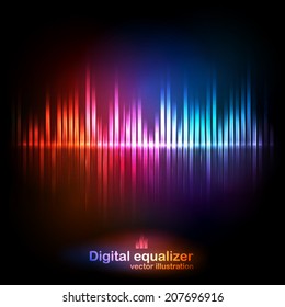 Vector digital equalizer with colored lights and reflections on a black background. Vector illustration can be used for interfaces in web design, Wallpapers, postcards and musical banners.