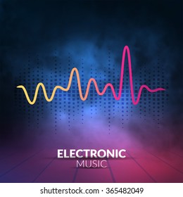 Vector digital equalizer with colored lights and smoky background. DJ club recorder. Vibrant disco party