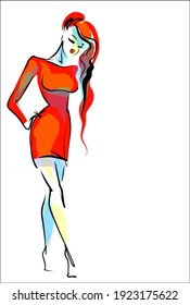 Fondo de moda digital VECTOR con
diseño original de boceto dibujado a mano de un hermoso modelo de chica joven en el logo de diseño de ropa 