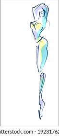 VECTOR digital fashion Background with a
stylish original hand-drawn sketch portrait of a beautiful young girl model in bikini for fashion design logo 