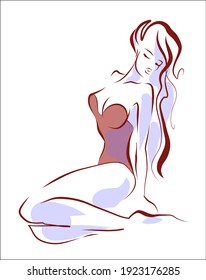 VECTOR digital fashion Background with a
stylish original hand-drawn sketch portrait of a beautiful young girl model in bathing suit for fashion design logo 