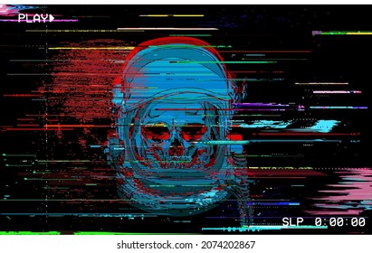 Vector Digital Glitch Astronaut Skull Illustration in the style of corrupted digital graphics and old VHS tape style.