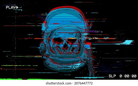 Vector Digital Glitch Astronaut Skull Illustration in the style of corrupted digital graphics and old VHS tape style.