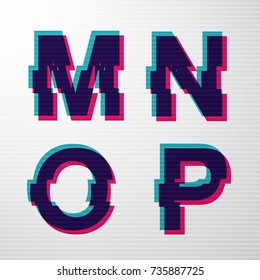 Vector digital glitch letter set. Modern font with green and red channels on a minimal background.