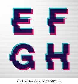 Vector digital glitch letter set. Modern font with green and red channels on a minimal background.