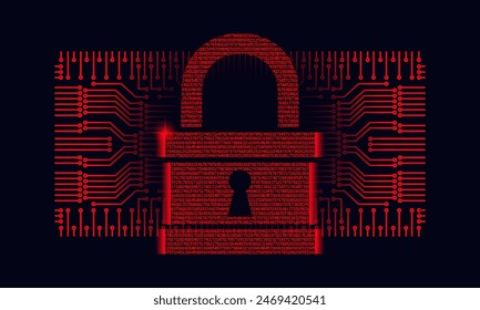 Vector digital glowing virtual classic padlock. Red is closed. Prohibited entry. Computer chip. Ban. Black background.