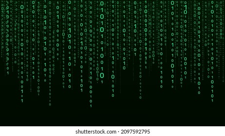 Vector digital green background of streaming binary code. Matrix background with numbers 1.0. Coding or hacking concept. Vector illustration.