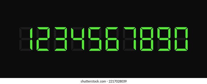 Vector Digital Green Numbers Set. Digit Score 0, 1, 2, 3, 4, 5, 6, 7, 8, 9. Alarm Screen Font Mockup. LCD Display Hours Font. Pixel Watch Sign. Countdown Screen