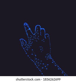 Vector Digital Hand, Push Concept, Pushing a Button Hand, Technology Design Element Isoalted on Dark Background, Glowing Dots.