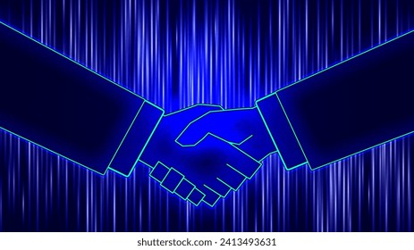 Vector digital handshake in virtual space. Dark glowing banner. Human hands on a background of blue rays. Friendly agreement remotely.