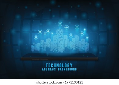 Vector digital hologram with concept smart city on the screen smartphone. Technology abstract blue background.