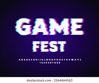 Vector digital icon Game Fest. Bright Cyber Font. Glitched Pixels Alphabet Letters and Numbers set.