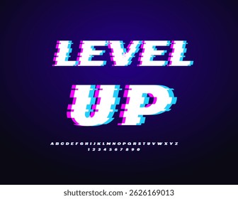 Vector Digital icon Level Up. Glitched Pixels Font. Broken Uppercase Alphabet Letters and Numbers set.
