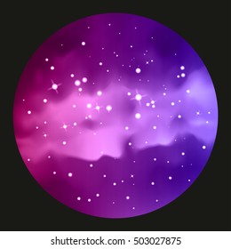 Vector Digital Illustration. Astrology background. Outer Space circle backdrop. Universe. Galaxy. Fog. Dark fond. Stars. Blur. Violet, purple, pink, magenta, blue colors. Sphere.