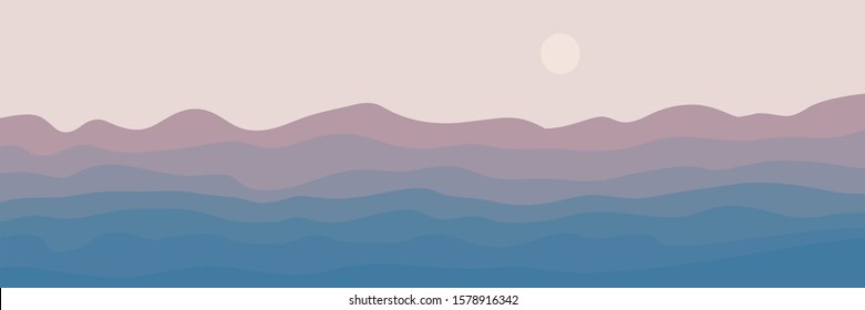 Vector digital illustration of a beautiful abstract pink and blue mountain landscape with fog. Sunrise and sunset in the mountains.