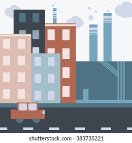 Vector digital illustration with buildings and car