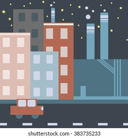 Vector digital illustration with buildings and car