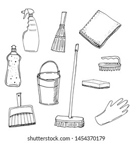 Vector digital illustration, , cartoon style. Mop, dustpan, broom, cleaner, brush, sponge, rag, bucket.
