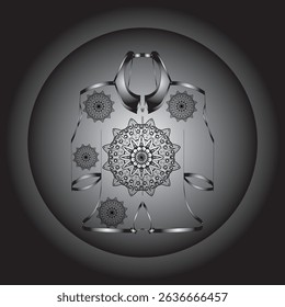 Vector digital illustration featuring a black and white mandala design on an ethnic or contemporary style garment. This symmetrical composition gives an elegant and artistic impression.