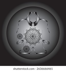 Vector digital illustration featuring a black and white mandala design on an ethnic or contemporary style garment. This symmetrical composition gives an elegant and artistic impression.