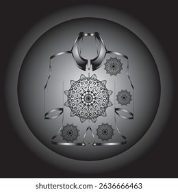 Vector digital illustration featuring a black and white mandala design on an ethnic or contemporary style garment. This symmetrical composition gives an elegant and artistic impression.