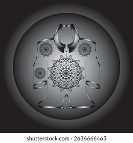 Vector digital illustration featuring a black and white mandala design on an ethnic or contemporary style garment. This symmetrical composition gives an elegant and artistic impression.