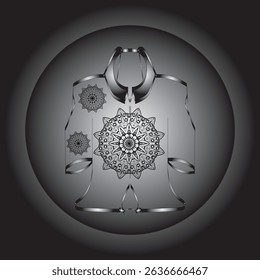 Vector digital illustration featuring a black and white mandala design on an ethnic or contemporary style garment. This symmetrical composition gives an elegant and artistic impression.