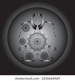 Vector digital illustration featuring a black and white mandala design on an ethnic or contemporary style garment. This symmetrical composition gives an elegant and artistic impression.