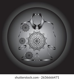 Vector digital illustration featuring a black and white mandala design on an ethnic or contemporary style garment. This symmetrical composition gives an elegant and artistic impression.