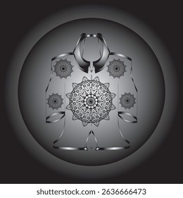 Vector digital illustration featuring a black and white mandala design on an ethnic or contemporary style garment. This symmetrical composition gives an elegant and artistic impression.