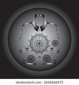 Vector digital illustration featuring a black and white mandala design on an ethnic or contemporary style garment. This symmetrical composition gives an elegant and artistic impression.