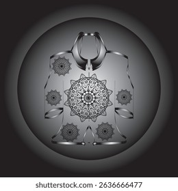 Vector digital illustration featuring a black and white mandala design on an ethnic or contemporary style garment. This symmetrical composition gives an elegant and artistic impression.