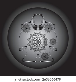 Vector digital illustration featuring a black and white mandala design on an ethnic or contemporary style garment. This symmetrical composition gives an elegant and artistic impression.