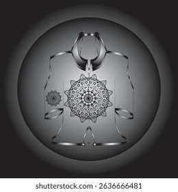 Vector digital illustration featuring a black and white mandala design on an ethnic or contemporary style garment. This symmetrical composition gives an elegant and artistic impression.