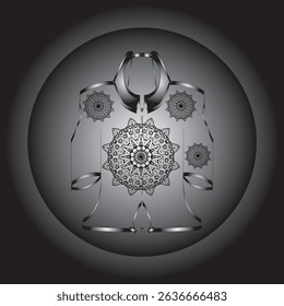 Vector digital illustration featuring a black and white mandala design on an ethnic or contemporary style garment. This symmetrical composition gives an elegant and artistic impression.