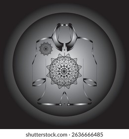 Vector digital illustration featuring a black and white mandala design on an ethnic or contemporary style garment. This symmetrical composition gives an elegant and artistic impression.