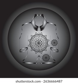 Vector digital illustration featuring a black and white mandala design on an ethnic or contemporary style garment. This symmetrical composition gives an elegant and artistic impression.