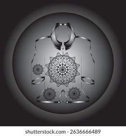 Vector digital illustration featuring a black and white mandala design on an ethnic or contemporary style garment. This symmetrical composition gives an elegant and artistic impression.