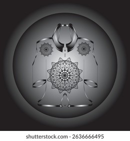 Vector digital illustration featuring a black and white mandala design on an ethnic or contemporary style garment. This symmetrical composition gives an elegant and artistic impression.