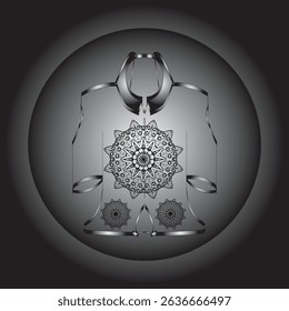 Vector digital illustration featuring a black and white mandala design on an ethnic or contemporary style garment. This symmetrical composition gives an elegant and artistic impression.