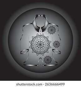 Vector digital illustration featuring a black and white mandala design on an ethnic or contemporary style garment. This symmetrical composition gives an elegant and artistic impression.